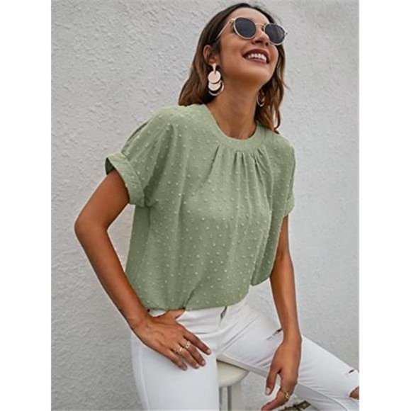 Women's Casual Swiss Dots Chiffon Ruffle Front Short Sleeve Work Office Blouse - Picture 2 of 6